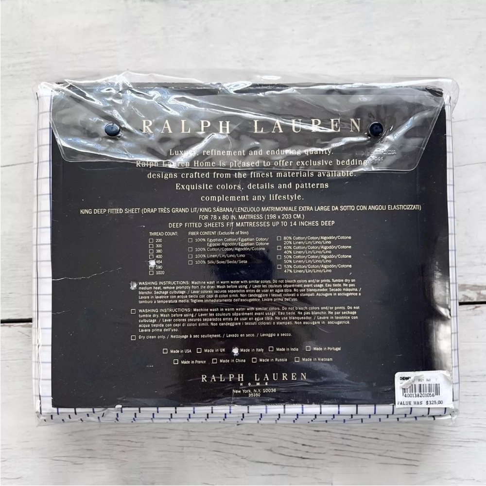 Ralph Lauren Tattersall Windowpane Check KING Fitted Sheet ITALY Black Navy NEW - Picture 4 of 8